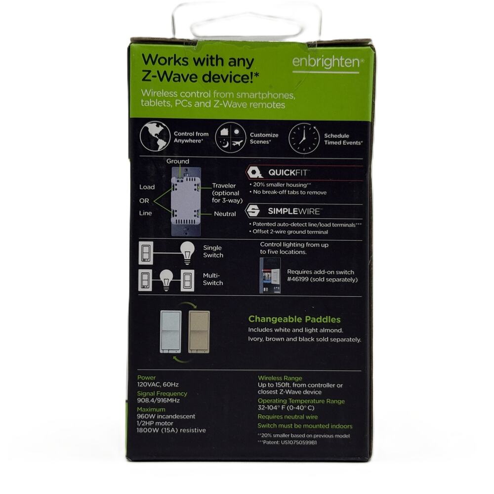 Enbrighten (Jasco) In-Wall Z-Wave Smart Paddle Switch ZW4008 - White/Almond - Picture 4 of 7